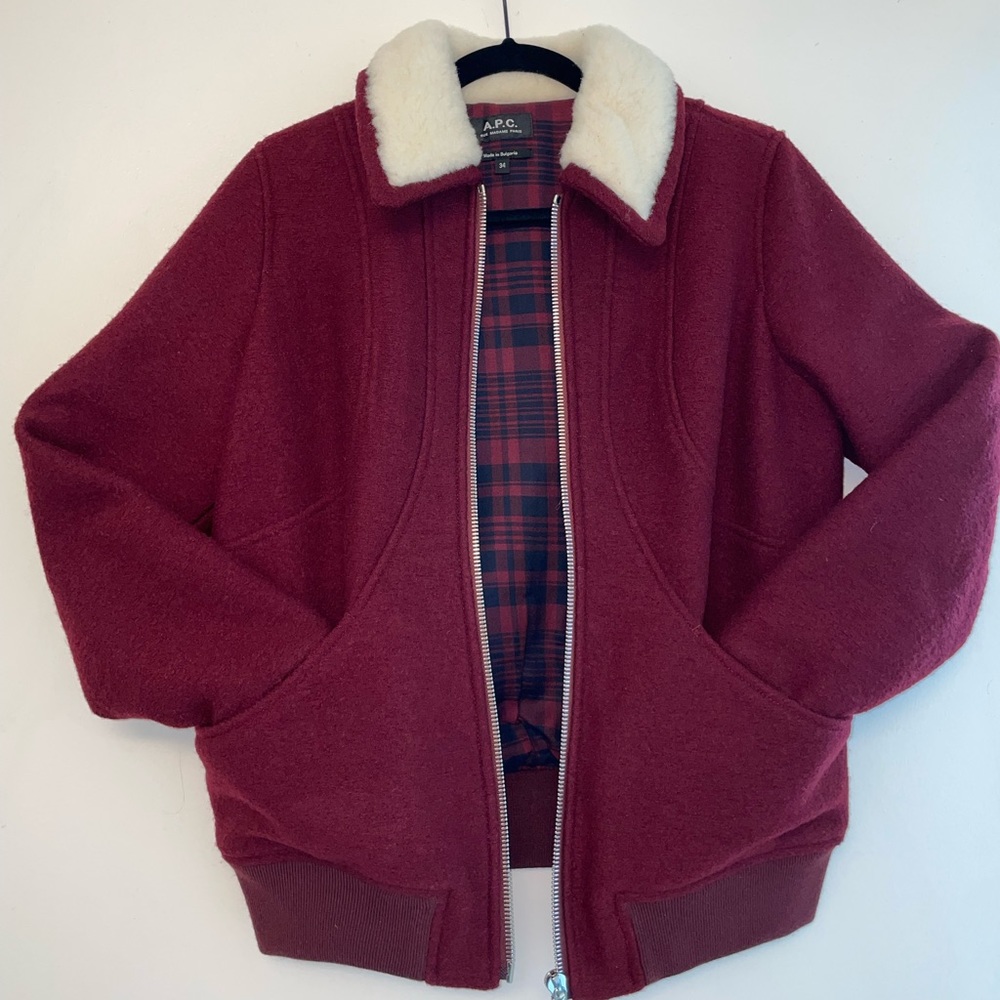 A.P.C BURGUNDY Faux fur - bomber jacket.             ”AGATHE zip up jacket”